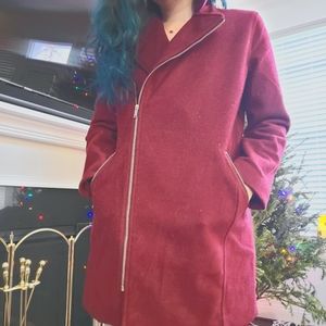 Burgundy full zip wool Jacket pea coat with faux collar